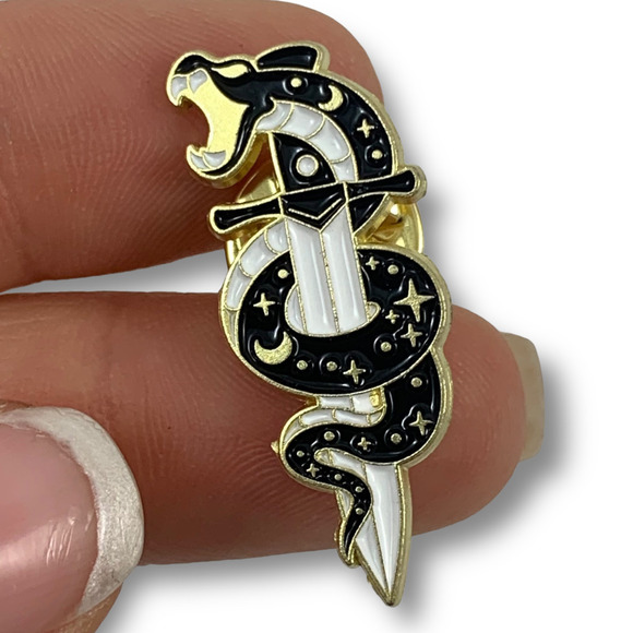 Gold enamel galaxy hissing snake on a sword pin - Picture 4 of 9